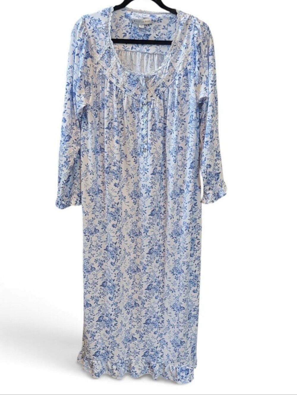 Eileen West, Super Soft Long Blue And White Floral Nightgown. Medium